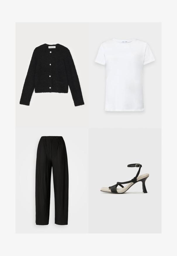 Cardigã preto felpudo com decote redondo, mangas longas e cinco botões na frente. Apresenta dois bolsos frontais e um design cropped.; T-shirt branca de manga curta feita de algodão com um design de gola redonda. Textura suave e corte reto, sem padrões ou acentos.; Calças largas de pregas pretas com uma cintura elástica. O tecido apresenta pregas verticais e uma textura suave.; Sandal com salto alto preto e design de tiras trançadas, bico quadrado e tira de tornozelo ajustável. Sola em tom bege claro com um salto preto brilhante.