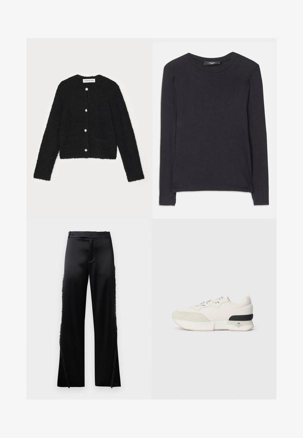 Must have pehmeast mustast villasegusest kardiganist ümmarguse kaeluse, pikade varrukate ja viie esiknöpiga. Omaduseks on kaks esist taskut ja lühendatud lõige.; Must mustreansed, ümmarguse kaelusega must pikade varrukatega särk, mis on valmistatud pehmest kangast. Omab lihtsat disaini ja peeneid õmblusdetailide hem. ; Mustad satiinpüksid laia säärega, mille külgseintel on fruuride detailid ja lame talje. Seljaosa on lihtne, ilma taskuteta.; Valged tennisajad, millel on tekstureeritud sametist varbakatteosa, siledast võrgust pealmine osa, dekoratiivsed nöörid ja musta kummist kontsa aksent.