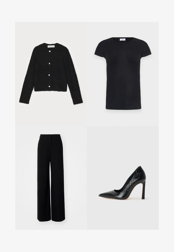 Black fuzzy cardigan with a round neckline, long sleeves, and five front buttons. Features two front pockets and a cropped design.; Black ribbed T-shirt with a round neckline and short sleeves. Soft fabric with a fitted shape, featuring a label at the neck.; Black wide-leg trousers with a high waist, smooth fabric, front button closure, and no visible pockets, featuring a tailored fit.; Black pointed-toe high heel shoe with a crocodile-skin texture, featuring a sleek design, high stiletto heel, and smooth black interior.