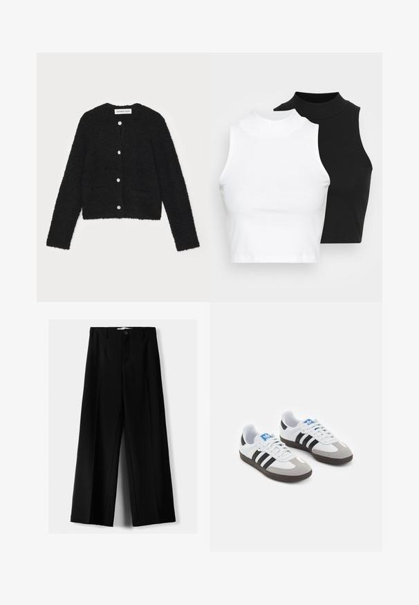 Musta pörröinen neuletakki, jossa on pyöreä kaula-aukko, pitkät hihat ja viisi nappia edessä. Sisältää kaksi etutaskua ja lyhyen mallin.; Kaksi hihattomaa ribattua kauluspaitaa mustana ja valkoisena, joissa on istuva muotoilu ja sileä rakenne, sekä lyhyt pituus.; Mustat leveälahkeiset housut, jotka on valmistettu kevyestä kankaasta. Housuissa on etunappikiinnitys ja tasainen etuosa, sekä huolellisesti ommellut helmat.; Urheilukengät, joissa on valkoinen nahkainen päällinen, harmaa mokkanokka ja kolme mustaa raitaa. Ominaisuuksina sininen logo kielekkeessä ja kuvioitu kumipohja.