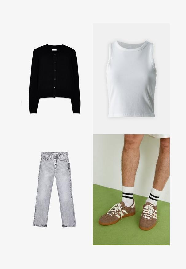 Črn kardigan iz mehkega pletenega materiala, z okroglim ovratnikom, dolgimi rokavi in sprednjim zapiranjem na gumb z šestimi usklajenimi gumbi.; Bela rebrasta majica brez rokavov z okroglo izrezom, s pravo hem in gladko, elastično strukturo.; Sive traperice z ravnim krojem, z obdelanimi detajli, petimi žepi in bakrenimi zakovicami. Pas ima oznako z logotipom.; Rjavi semiš športni čevlji z belimi detajli in vezalkami. Gumijast podplat. Nošeni z belimi nogavicami z črnimi črtami. Zelena teksturirana talna obloga.