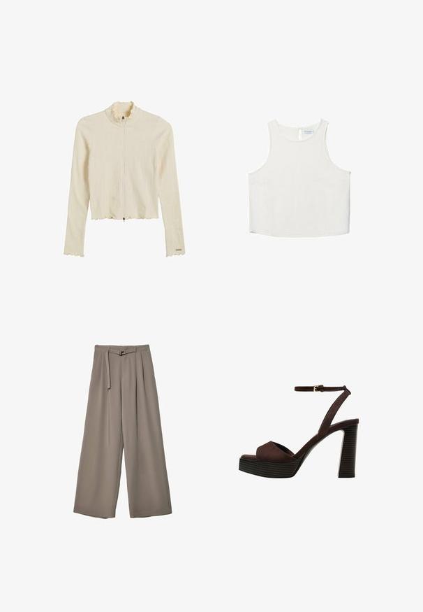Cremefarvet, ribbet jakke med lynlås, der har en flæsekrave og flæse i kanten. Har lange ærmer og en tætsiddende pasform. Udstyret med lynlåsåbning.; Hvid ærmeløs top med rund halsudskæring, der har en subtil tekstur, nøglehulsbagdetalje og lige kant.; Vide ben bukser i et blødt, afdæmpet grå stof, med en bælte i taljen og plisseringer for ekstra designdetalje. Glat tekstur, ingen mønstre.; Brune ruskinds højhælede sandal med åben tå, justerbar ankelrem og en stribet plade sål.