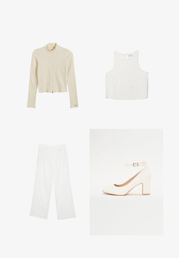 Krämfärgad, ribbad zip-up-jacka med en volangkrage och volang i nederkant. Har långa ärmar och en figurnära design. Har en dragkedja som stängning.; Vit ärmlös topp med rundad halsringning, featuring en subtil textur, detalj med nyckelhål i ryggen och rak nederkant.; Breda byxor i vitt material, med en slät yta, framfickor och en klassisk midja med bälteshål.; Vita högklackad sko med spetsig tå, blockklack och ankelrem. Slät yta med en subtil lyster och beige inredning.