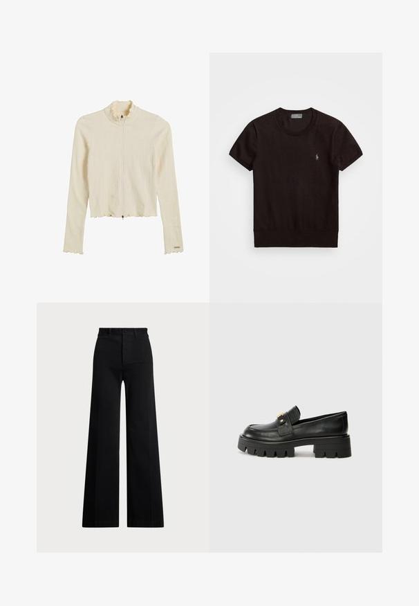 Kremowa, prążkowana kurtka zapinana na zamek z falbaniastym kołnierzem i dołem. Posiada długie rękawy i dopasowany kroj. Elementy metalowe obejmują zamek błyskawiczny.; Czarny krótki t-shirt z miękkiej tkaniny, z okrągłym dekoltem i małym haftowanym logo na lewej piersi.; Czarne spodnie o szerokich nogawkach, wykonane z tkaniny tkanej, z wysokim stanem, z przodem zapinanym na guzik i kieszeniami bocznymi. Gładka faktura i czyste linie.; Czarne skórzane loafersy z masywną podeszwą, z akcentem w kolorze złota z przodu i gładkim wykończeniem. Masywna podeszwa z ciekawym wzorem.