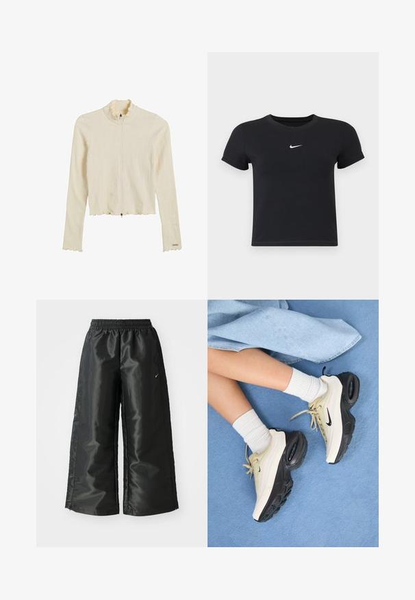 Chaqueta cremoso de color claro, con cremallera y diseño acanalado, que presenta un cuello y un dobladillo con volantes. Tiene mangas largas y un diseño ajustado. El hardware incluye un cierre de cremallera.; Camiseta negra de manga corta hecha de algodón con un cuello redondo. Presenta un logo blanco de Nike en el pecho, diseño minimalista y forma ajustada.; Pantalones deportivos negros de tejido brillante y suave, con una cinturilla elástica, pierna ancha y un pequeño logo en el lado izquierdo.; Las zapatillas Nike Air Max presentan un diseño en beige y negro, con una parte superior suave, amortiguación de aire visible y suelas de goma planas.