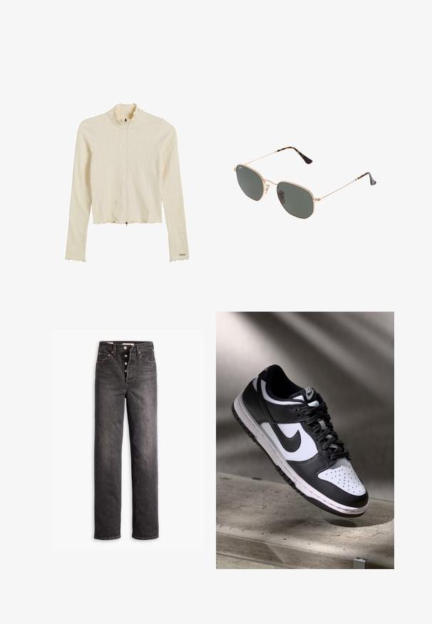 Crèmekleurige, geribde zip-up jas met een gefronde kraag en zoom. Heeft lange mouwen en een getailleerd ontwerp. Behuizing omvat een rits sluiting.; Zwarte lange mouwen wikkeltop van zacht materiaal, met een V-hals, cropped lengte en een gestrikt knoop aan de zijkant voor sluiting.; Zwarte high-waisted jeans met een rechtuit ontwerp, gemaakt van denim. Heeft een knoopsluiting, koperen hardware accenten en contrasterende stiksels.; Zwart-witte Nike Dunk Low sneaker met een leren bovenwerk, geperforeerde neus, en zwarte veters, met een witte zool en logo-accenten.; Gouden metalen zonnebril met donkergroene lenzen, aviator-stijl, met slanke scharnieren en schildpad-accenten op de uiteinden.
