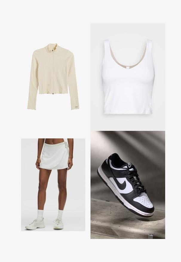 Veste zippée crème, à côtes, avec un col et un ourlet froncés. Présente des manches longues et une coupe ajustée. La quincaillerie comprend une fermeture éclair.; Top court blanc avec un décolleté arrondi et de larges bretelles. Fabriqué en tissu lisse et extensible avec un accent de doublure beige au niveau du décolleté.; Jupe-culotte de sport blanche avec un design enroulé, fabriquée en tissu lisse. Présente un lien sur le côté et est assortie à des baskets et des chaussettes de couleur claire.; Sneaker Nike Dunk Low en noir et blanc avec tige en cuir, boîte à orteils perforée et lacets noirs, dotée d'une semelle blanche et d'accents de logo.