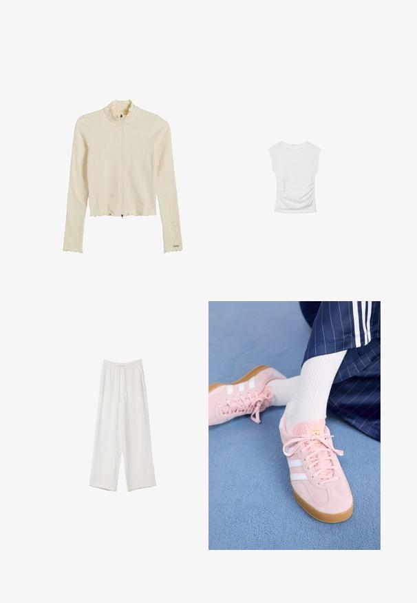 Krémová ribbovaná bunda na zips s volánovým golierom a lemom. Má dlhé rukávy a priliehavý strih. Zatváranie je na zips.; Biely krátky rukáv top s okrúhlym výstrihom. Obsahuje zhromaždenú textúru po stranách a priliehavý strih, vyrobený z mäkkého, elastického materiálu.; Biele široké nohavice vyrobené z ľahkej tkaniny. Obsahujú elastický pás so sťahovacou šnúrkou a bočné vrecká. Hladká textúra.; Svetloružové semišové tenisky s bielymi pruhmi a šnúrkami, s textúrovaným jazykom a gumenou podrážkou, umiestnené na modrom koberci.