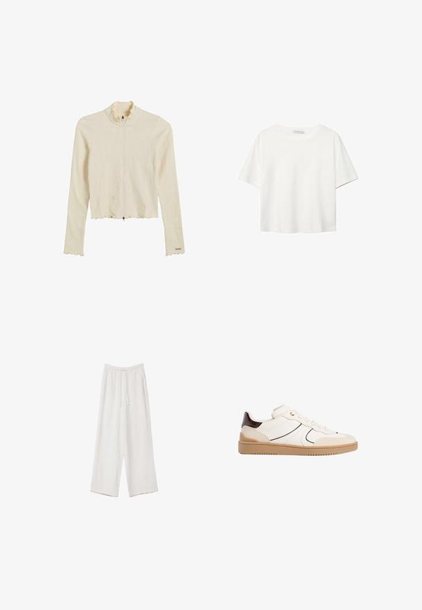 Cremefarvet, ribbet jakke med lynlås, der har en flæsekrave og flæse i kanten. Har lange ærmer og en tætsiddende pasform. Udstyret med lynlåsåbning.; Hvid kortærmet t-shirt lavet af bomuld. Har en rund halsudskæring og en afslappet pasform. Glat tekstur uden synlige mønstre eller detaljer.; Hvide bukser med bred benlængde lavet af et letvægtsstof. Har et elastisk talje med snor og sidelommer. Glat tekstur.; Stradivarius Sneakers - white