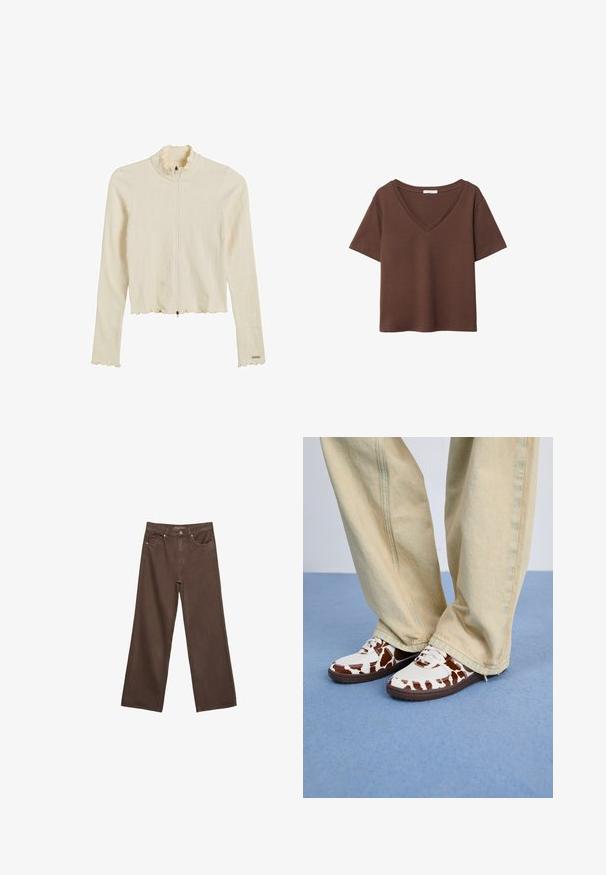 Cremefarvet, ribbet jakke med lynlås, der har en flæsekrave og flæse i kanten. Har lange ærmer og en tætsiddende pasform. Udstyret med lynlåsåbning.; Brun bomulds t-shirt med korte ærmer og dyb V-hals. Enkel design, blød tekstur og lige kant. Ingen mønstre eller detaljer.; Bredde ben brun denim jeans med høj talje, forlommer og klassisk knaplukning. Glat tekstur med diskret syninger.; Hvide og brune mønstrede sneakers i mesh og læder med brune gummisåler. Matchet med lyse beige bukser med vide ben.
