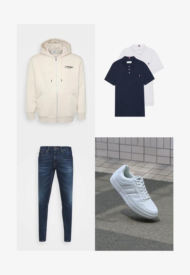 Hoodie zippé crème avec cordons de serrage, poches avant, poignets côtelés et logo "JJ Studios" sur la poitrine en noir. Texture de tissu douce.; Deux polos : un bleu marine et un blanc, tous deux avec un petit accent rouge, blanc et bleu sur la poche poitrine et le col.; Jean en denim bleu foncé avec une coupe slim, décoloration subtile, cinq poches et une fermeture à bouton en métal. Accents cousus dans une couleur contrastante.; Baskets blanches de sport avec une tige en cuir lisse, un laçage à l'avant, une pointe perforée et une semelle à motifs. Design minimaliste avec trois bandes latérales.