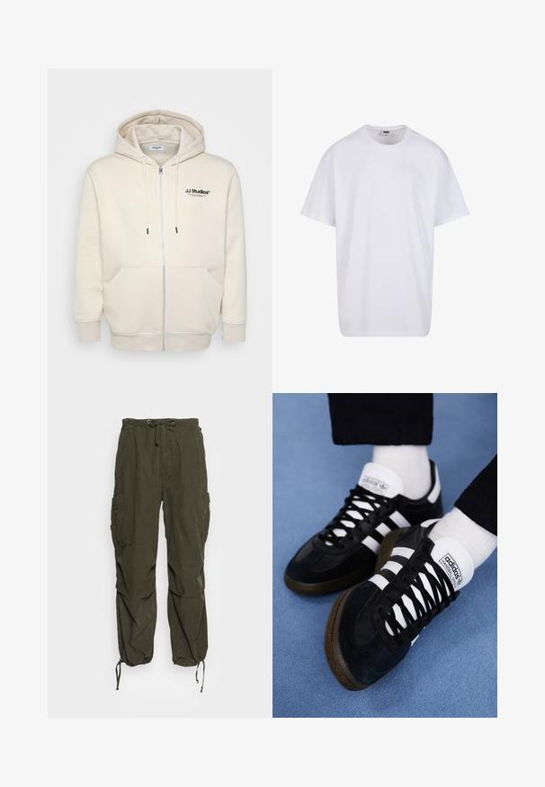 Cream zip-up hoodie with drawstrings, front pockets, ribbed cuffs, and "JJ Studios" logo on the chest in black. Soft fabric texture.; White cotton t-shirt with short sleeves, rounded neckline, relaxed fit, and no visible logos or patterns. Smooth texture and minimal design.; Cargo pants in olive green, featuring an elastic waistband with drawstring, multiple pockets, and adjustable cuffs for a tapered fit.; Black suede sneakers with white laces and three white stripes. Features a textured sole and branding on the tongue.