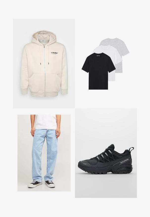 Crème kleurige zip-up hoodie met trekkoorden, voorzakken, geribbelde manchetten en het "JJ Studios" logo op de borst in zwart. Zachte stofstructuur.; Set van drie basic t-shirts in zwart, wit en lichtgrijs. Korte mouwen, ronde hals, gemaakt van gladde katoenstof. Merkl logo zichtbaar.; Lichtblauwe denim jeans met een relaxed fit, met een rechte pijp en standaard stiksels, gecombineerd met zwarte sneakers.; Zwarte sportieve schoenen met een bovenwerk van mesh, rubberen buitenzool en reflecterende accenten. Voorzien van een gevoerde zool en een vetersluiting.