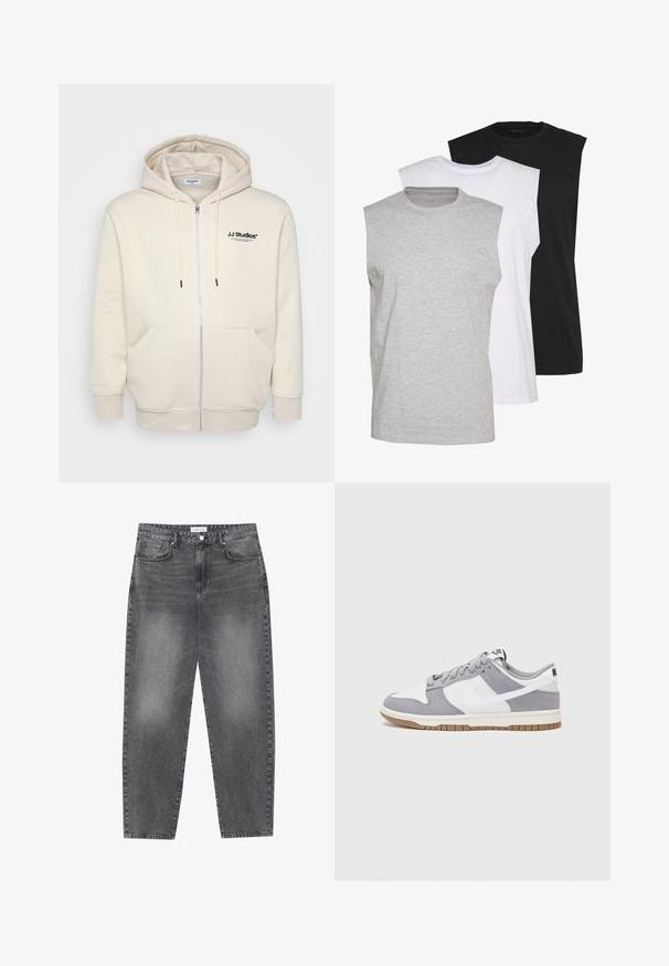 Hoodie zippé crème avec cordons de serrage, poches avant, poignets côtelés et logo "JJ Studios" sur la poitrine en noir. Texture de tissu douce.; Trois t-shirts sans manches en gris, blanc et noir. Tissu en coton doux avec un col rond et une coupe décontractée. Design simple, sans motifs.; Jean taille haute, décontracté en denim noir délavé. Comprend cinq poches, des passants de ceinture et un design de jambe droite épurée.; Baskets grises et blanches avec un dessus en suède et cuir, bout rond, lacets plats et semelle en caoutchouc avec une touche de gomme.