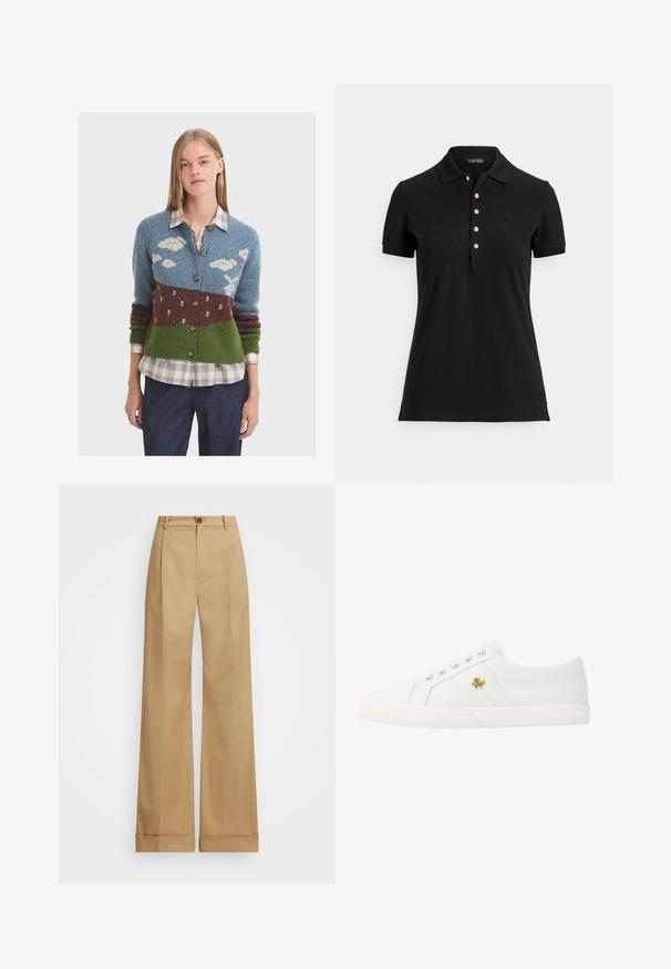 Pletený kardigan s modrou horní částí se vzorem oblaků, hnědou střední částí se vzorem kaktusů a zelenou spodní částí. Dřevěné knoflíky.; Černé polo tričko z texturované látky, s límečkem, krátkými rukávy a légou se zlatými knoflíky. Jemný detail loga na hrudi.; Béžové kalhoty širokého střihu s knoflíkovým zapínáním, které mají hladkou strukturu a stlačené záhyby. Manžety na nohavicích pro zvýraznění detailu.; Lauren Ralph Lauren JANSON II CANVAS SNEAKER - Tenisky - optic white