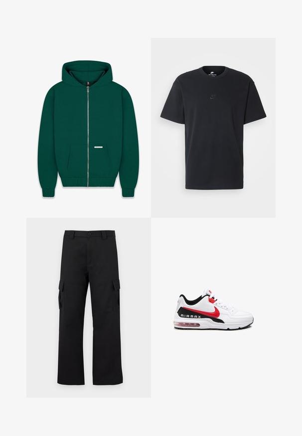 Dunkelgrüne Zip-Hoodie aus weichem Stoff. Verfügt über eine Fronttasche, gerippte Bündchen sowie einen gerippten Saum und eine gefütterte Kapuze. Kleines Markenlabel sichtbar.; Schwarzes Baumwoll-T-Shirt von Nike mit klassischem Rundhalsausschnitt, kurzen Ärmeln und einem dezenten, geprägten Logo auf der Brust. Glatte Textur.; Schwarze Cargo-Hosen mit geradem Bein Design. Hergestellt aus strapazierfähigem Stoff, mit zwei Seitentaschen mit Klappen und einem Knopfverschluss.; Weißer Sportschuh mit schwarz-roten Akzenten, ausgestattet mit einem glatten Leder-Obermaterial, Schnürung vorne und sichtbarer Luftpolsterung in der Sohle.