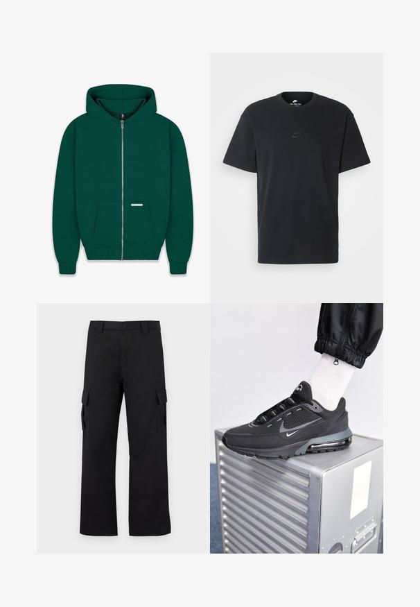 Ciemnozielona bluza z kapturem na zamek, wykonana z miękkiej tkaniny. Posiada przednią kieszeń, ściągacze na rękawach i u dołu oraz podszewkę w kapturze. Widoczna mała metka z logo.; Czarny bawełniany t-shirt Nike z klasycznym okrągłym dekoltem, krótkimi rękawami oraz subtelnym, wytłoczonym logo na piersi. Gładka tekstura.; Czarne spodnie cargo o prostym kroju. Wykonane z trwałej tkaniny, posiadają dwie boczne kieszenie z klapkami oraz zapięcie na guzik.; Nike Sportswear PULSE czarny