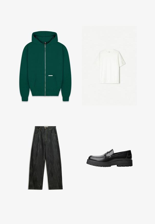 Dunkelgrüne Zip-Hoodie aus weichem Stoff. Verfügt über eine Fronttasche, gerippte Bündchen sowie einen gerippten Saum und eine gefütterte Kapuze. Kleines Markenlabel sichtbar.; Weißes T-Shirt mit kurzen Ärmeln aus weicher Baumwolle. Crew-Hals Design mit lässiger Passform und ohne sichtbare Logos oder Muster.; Dunkelblaue Jeans mit lockerer Passform, mit subtiler vertikaler Struktur, gelben Nähten, fünf Taschen und klassischem Knopfverschluss.; Schwarzer Lederloafer mit grobem, rutschfestem Sohlenprofil und dekorativem Riemen über der Oberseite, seitlich links auf weißem Hintergrund abgebildet.