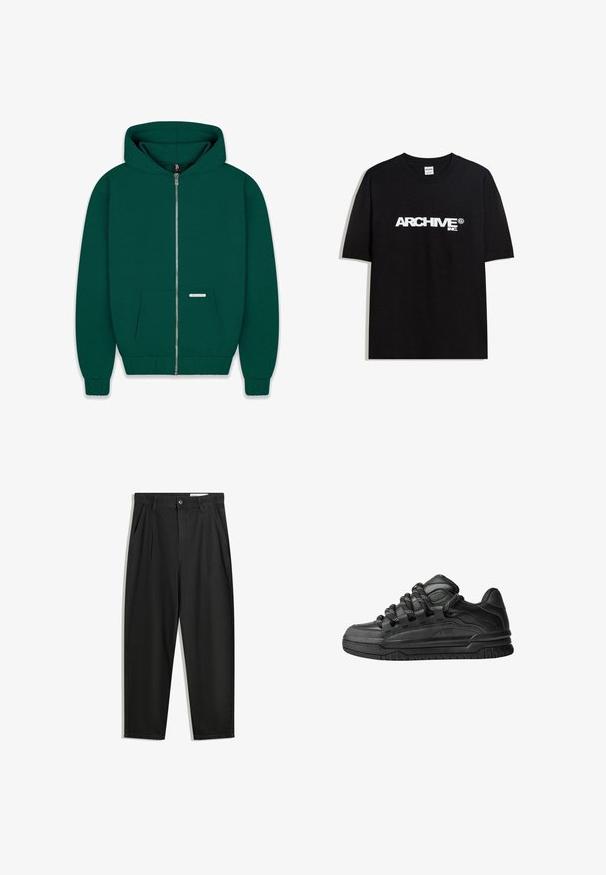 Tamnozeleni dukserica na zip, izrađena od mekanog materijala. Ima prednji džep, rebraste manžetne i donji rub, te podstavljenu kapuljaču. Mala oznaka brenda je vidljiva.; Crna pamučna majica s bijelim 'ARCHIVE inc.' logotipom preko prsa, kratkim rukavima i okruglim izrezom.; Crne pamučne hlače s opuštenim krojem, s klasičnim pojasom, prednjim nabranjima i bočnim džepovima. Glatka tekstura bez uzoraka.; Crne tenisice s glatkom kožnom gornjom površinom, teksturiranim detaljima i okruglim crnim i bijelim vezicama. Debeli gumeni potplat s uzorkom.