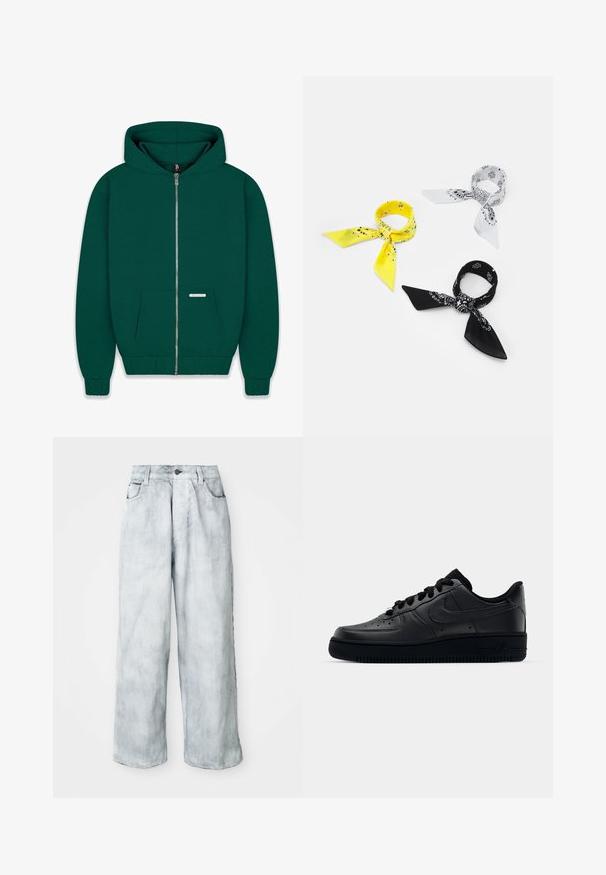 Mörkgrön zip-up hoodie i mjukt tyg. Har en framficka, ribbade muddar och nederkant, samt en fodrad huva. Litet logomärke synligt.; Vit bomullstopp med rund halsringning, breda axelremmar och rak nederkant, med en slät textur och utan synliga mönster.; Ljust tvättade vida jeans med hög midja, framknapp och dragkedja, bälteshällor samt fram- och bakfickor.; Svart Nike Air Force 1-sneaker med en slät läderöverdel, perforerad tå för andningsförmåga, svarta snören och en strukturerad gummisula.; Tre bandanas: en gul med svarta mönster, en vit med svarta design och en svart med vita grafik. Alla är fyrkantiga och tillverkade av lätt tyg.