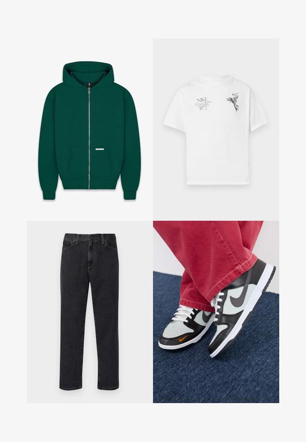 Dunkelgrüne Zip-Hoodie aus weichem Stoff. Verfügt über eine Fronttasche, gerippte Bündchen sowie einen gerippten Saum und eine gefütterte Kapuze. Kleines Markenlabel sichtbar.; Weißes Baumwoll-T-Shirt mit einem schwarzen Grafikdruck eines geflügelten Figures und Text, mit Rundhalsausschnitt und kurzen Ärmeln.; Schwarze Gerade-Jeans mit Vordertaschen, Gürtelschlaufen und Knopfverschluss, vor einem weißen Hintergrund präsentiert.; Nike Sportswear NIKE DUNK LOW UNISEX - Sneaker low - black/med ash/light silver/bright mandarin/summit white/white