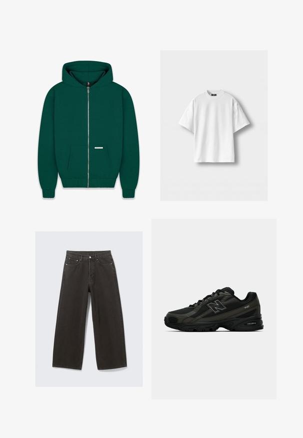 Tmavo zelená mikina na zips vyrobená z mäkkej tkaniny. Obsahuje predné vrecko, rebrované manžety a lem, a podšitej kapucni. Malá značka viditeľná.; Biely bavlnený tričko s krátkymi rukávmi, okrúhlym výstrihom a voľným strihom. Hladká textúra, bez vzorov a akcentov.; Olivená zelená bunda vyrobená z bavlny s predným zapínaním na gombíky, špicatým golierom a štyrmi vreckami. Má uvoľnený strih a mäkkú štruktúru.; Široké čierne deniminové džínsy majú vysoký pás, dizajn s piatimi vreckami a zapínanie na gombík. Tkanina má mäkký, textúrovaný povrch.; Čierne športové topánky s textúrovaným syntetickým zvrškom, vybavené polstrovanou podrážkou a výrazným logom "N" na boku. Dizajn zahŕňa ľahké mäkké časti.
