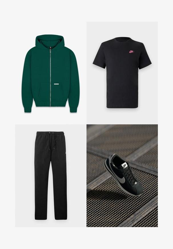 Dark green zip-up hoodie made of soft fabric. Features a front pocket, ribbed cuffs and hem, and a lined hood. Small branding label visible.; Black cotton t-shirt with a round neckline and short sleeves. Features a pink Nike logo on the upper left side. Smooth texture.; Black sweatpants made of fleece, featuring an elastic waistband with drawstrings, two front pockets, and a small logo on the thigh.; Black Nike sneaker with grey accents, suede and mesh materials, textured sole, narrow shape, and classic lace-up design.