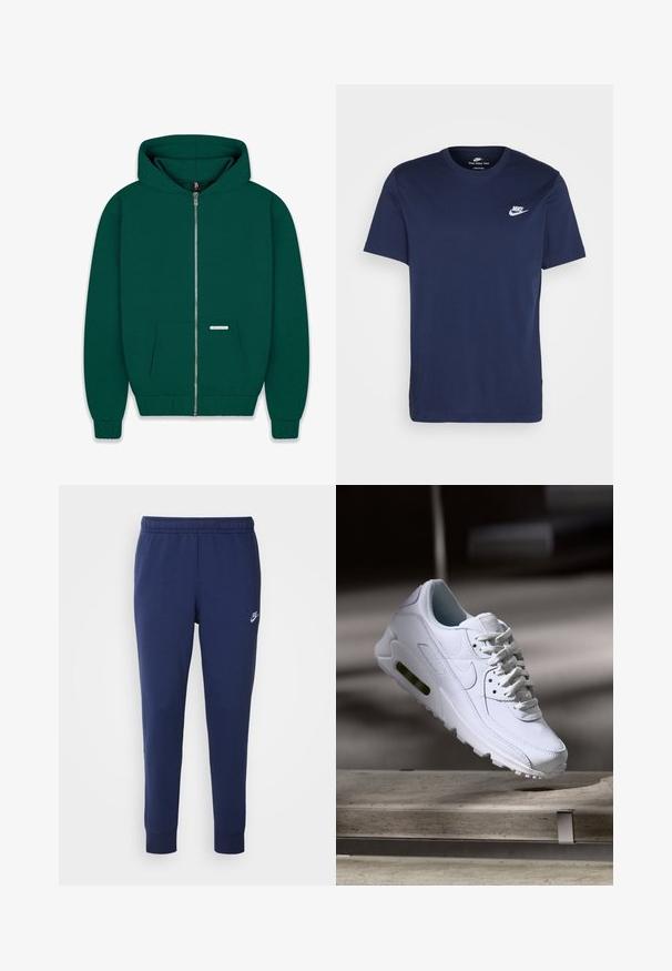 Felpa con zip di colore verde scuro realizzata in tessuto morbido. Presenta una tasca frontale, polsini e orlo a costine, e un cappuccio foderato. Etichetta con logo di piccole dimensioni visibile.; T-shirt in cotone blu navy con colletto tondo e maniche corte. Presenta un logo Nike bianco sul petto a sinistra e un orlo dritto.; Pantaloni da tuta Nike blu navy realizzati in un morbido misto cotone, con vita elastica, gambe affusolate e un piccolo logo bianco sul lato.; Sneaker bianco in pelle con superfici texture, collo imbottito e ammortizzazione d'aria visibile nella suola. Presenta lacci e un design minimalista.