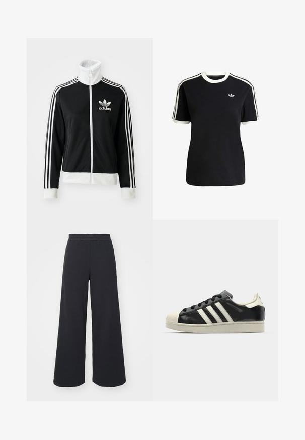 Veste zippée noire avec un col montant, logo Adidas blanc et trois bandes blanches sur les manches, fabriquée en tissu lisse et respirant.; T-shirt en coton noir avec des accents blancs sur le col et les manches, arborant trois rayures blanches sur chaque épaule et un petit logo sur la poitrine.; Pantalons de survêtement larges noirs en tissu doux, dotés d'une taille élastique et d'un petit logo sur le côté gauche.; Baskets en cuir noir avec des rayures blanches, embout en caoutchouc, lacets noirs et semelle extérieure crème. Texture lisse avec une finition brillante.
