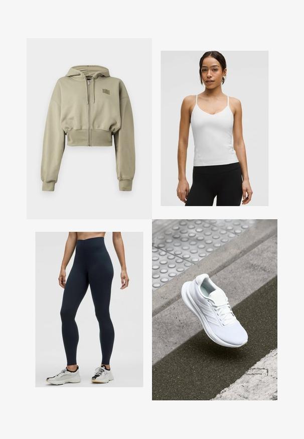 Rövidített, cipzáros kapucnis pulóver világos olajzöld színben, puha anyagból készült. Kapucnival, hosszú ujjakkal és egy kis logóval ellátott folttal rendelkezik a mellkason.; Fehér pántos top vékony pántokkal, V-nyakú kivágással és testhez simuló fazonnal. Sima anyag, minimális részletezés, fekete leggings-szel viselve.; Magas derekú, sötétkék leggings, rugalmas anyagból, sima felülettel és testhezálló dizájnnal. Fehér és fekete sportcipővel viselve.; Fehér sportcipő hálós felsőrésszel, fűzős kialakítással és texturált talppal. Diszkrét logózás és zökkenőmentes kivitelezési részletek láthatók.
