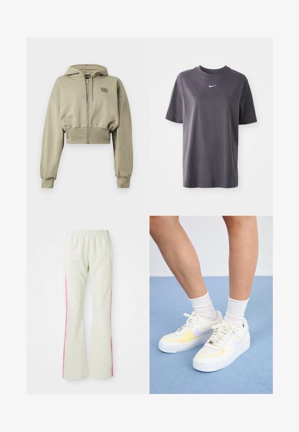 Geplooide hoodie met rits in licht olijfgroen, gemaakt van zachte stof. Bevat een capuchon, lange mouwen en een klein logo-opdruk op de borst.; Donkergrijze T-shirt met korte mouwen, gemaakt van zacht katoen, met een klein wit Nike swoosh-logo op de borst en een klassieke ronde hals.; Lichtbeige broek met een elastische tailleband, voorzien van roze zijpanelen en zijzakken. Gladde textuur met een recht gesneden pasvorm.; Witte leren sneakers met gele en lavendelkleurige accenten, ronde neus, platte veters en een textuurrubber zool. Gdraag met witte sokken.
