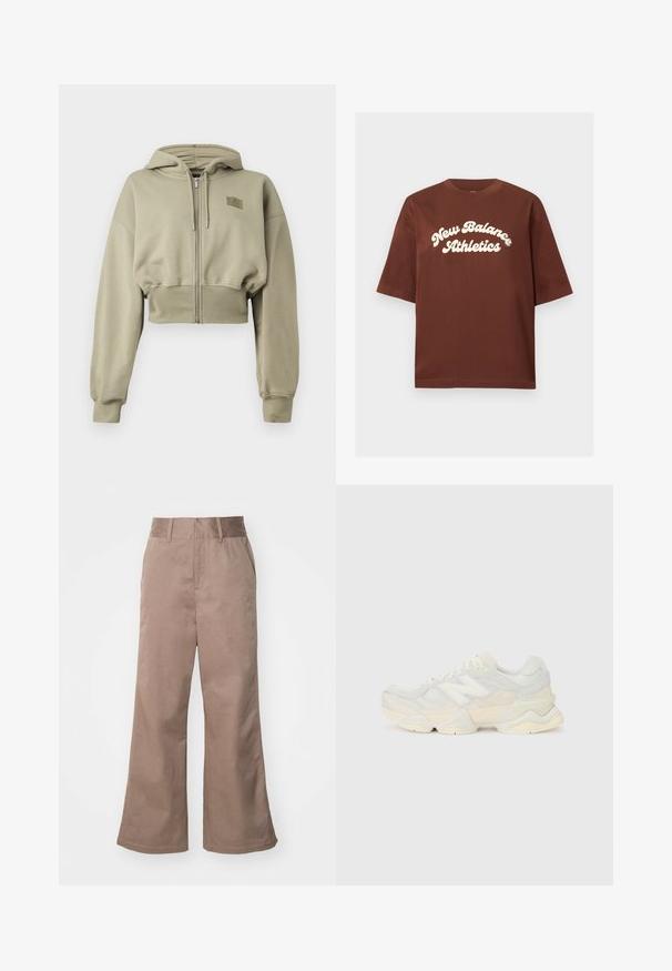 Sweatshirt cortado com fecho éclair em verde oliva claro, feito de tecido macio. Possui capuz, mangas longas e um pequeno logótipo no peito.; T-shirt de algodão castanho com um corte relaxado, apresentando texto branco que diz "New Balance Athletics" em uma fonte curva e em negrito.; Calças largas de algodão castanho com uma cintura alta, bolsos frontais e uma textura suave. A bainha é ligeiramente expandida.; Sapatilha leve com um upper em malha e camurça em tons suaves de creme, com uma sola robusta e acentos tridimensionais.