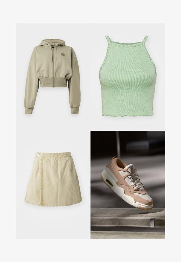 Cropped, zip-up hoodie in light olive green, made of soft fabric. Features a hood, long sleeves, and a small logo patch on the chest.; Green ribbed crop top with thin straps, featuring a scalloped hem and a textured fabric. No prominent hardware or patterns.; Khaki mini skirt made of soft fabric, featuring a side button closure, smooth texture, and a slightly flared silhouette with a hemline above the knee.; Beige and white sneaker with a smooth leather and suede finish, featuring a padded tongue, lace-up front, and visible air cushioning unit.