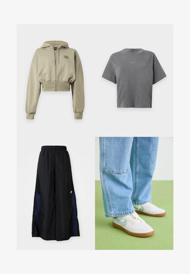 Geplooide hoodie met rits in licht olijfgroen, gemaakt van zachte stof. Bevat een capuchon, lange mouwen en een klein logo-opdruk op de borst.; Grijze cropped T-shirt met korte mouwen en ronde hals, met een klein wit "carhartt" logo in het midden op de voorkant.; Zwarte wijdlopende broek van lichtgewicht stof, met een marineblauwe zijpaneel en een elastische tailleband. Klein wit logo onderaan.; Witte sneakers met lichtblauwe accenten, bovenmateriaal van textuur-mesh en een tan rubberen zool, gecombineerd met losse lichtblauwe denim jeans.