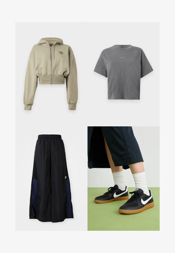 Cropped, zip-up hoodie in light olive green, made of soft fabric. Features a hood, long sleeves, and a small logo patch on the chest.; Gray short-sleeve cropped T-shirt with crew neck and small centered white "carhartt" logo on front.; Black wide-leg pants made of lightweight fabric, featuring a navy blue side panel and an elastic waistband. Small white logo on bottom.; Black leather and synthetic sneakers with white Nike swoosh, rubber gum sole, round toe, and black laces. Ribbed white socks visible.