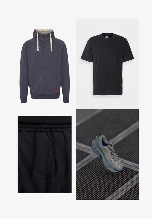 Hørtrøje til mænd med hætte og lynlås i mørkegrå fleece. Har cremede snore, forlommer og en lille brun læderlogo-patch.; Nike sort bomulds t-shirt med en klassisk rund hals, korte ærmer og et diskret, præget logo på brystet. Glat tekstur.; Sorte shorts med snoretræk i taljen, letvægtsstof med en glat tekstur og et simpelt design uden synlige logoer eller mønstre.; Beige og grå sportsko med tekstureret mesh-overdel, rund tå og gummisål, med snørebånd og polstret krave.