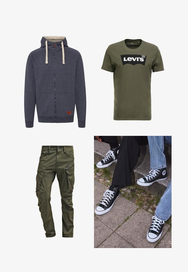 Hørtrøje til mænd med hætte og lynlås i mørkegrå fleece. Har cremede snore, forlommer og en lille brun læderlogo-patch.; Oliven grøn bomulds t-shirt med et stort sort Levi's logo på forsiden. Klassisk rund hals og korte ærmer, glat tekstur.; Olivenfarvede cargo-bukser lavet af slidstærk bomuld. Har flere lommer, en lynlåslomme på siden og tapered ben med en let tekstureret overflade.; Sorte høje canvas sneakers med hvide gummisåler og snørebånd, prydet med et cirkulært logo på siden og parret med denim og sorte bukser.