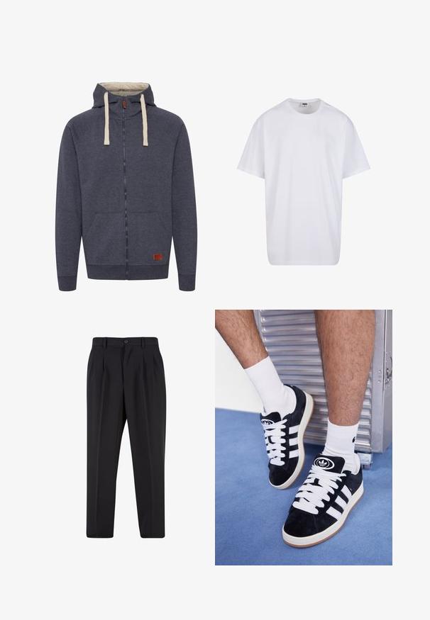 Felpa con cappuccio zip in pile grigio scuro da uomo. Caratterizzata da cordini color crema, tasche frontali e un piccolo logo in pelle marrone.; Maglietta bianca in cotone con maniche corte, scollatura rotonda, vestibilità comoda e senza loghi o motivi visibili. Texture liscia e design minimale.; Pantaloni neri con design a pieghe sul davanti, realizzati in tessuto morbido. Presentano una chiusura con bottone e passanti per cintura; vestibilità a gamba dritta.; Sneakers in suede nero con lacci bianchi e tre strisce bianche. Presentano un logo circolare nero sulla linguetta e una suola in gomma color gomma.