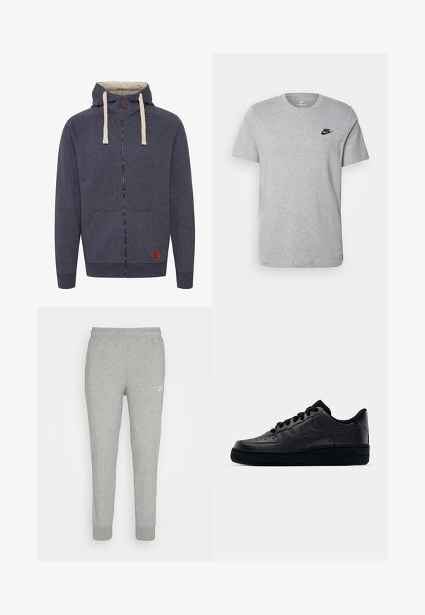 Men's hooded zip-up sweatshirt in dark gray fleece. Features cream drawstrings, front pockets, and a small brown leather logo patch.; Gray short-sleeve T-shirt made of cotton, featuring a black Nike logo on the chest and a round neckline. Minimalist design with no patterns.; Gray sweatpants made of soft fabric, featuring tapered leg design, elastic waistband, and small white Nike logo on the left thigh.; Black Nike Air Force 1 sneaker with a smooth leather upper, perforated toe for breathability, black laces, and a textured rubber sole.