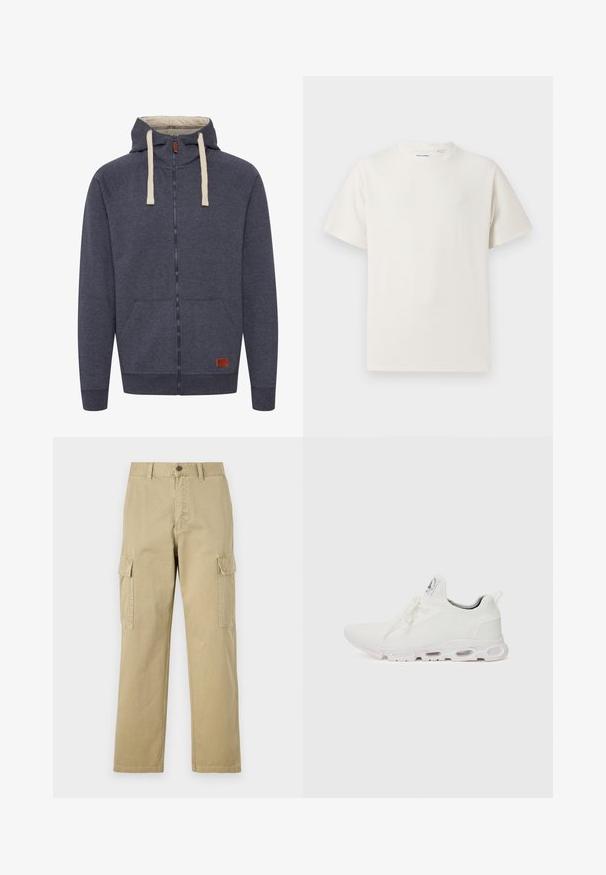 Hørtrøje til mænd med hætte og lynlås i mørkegrå fleece. Har cremede snore, forlommer og en lille brun læderlogo-patch.; Hvid kortærmet T-shirt i ribbet tekstur. Rund halsudskæring, løs pasform, ingen synlige mønstre eller accenter. Enkel og alsidig design.; Beige cargo bukser lavet af bomuld, med to sidelommer, knaplukning og lige ben i et let tekstureret stof.; Hvide atletiske sko med en tekstureret strikket overdel, flade snørebånd og en polstret sål med synlige luftkamre for ekstra støtte.