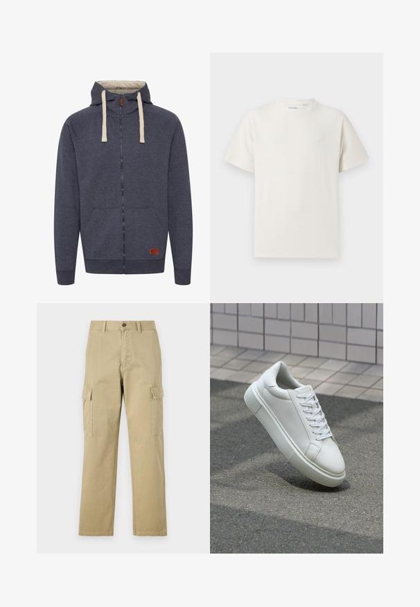 Hørtrøje til mænd med hætte og lynlås i mørkegrå fleece. Har cremede snore, forlommer og en lille brun læderlogo-patch.; Hvid kortærmet T-shirt i ribbet tekstur. Rund halsudskæring, løs pasform, ingen synlige mønstre eller accenter. Enkel og alsidig design.; Beige cargo bukser lavet af bomuld, med to sidelommer, knaplukning og lige ben i et let tekstureret stof.; Hvide lædersneakers med en glat overflade, rund tå og flade hvide snørebånd. Har en tekstureret gummisål og minimalt design.