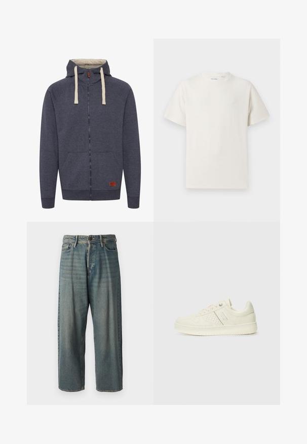 Vīriešu kapuces džemperis ar rāvējslēdzēju tumši pelēkā flīsa audumā. Iespējas: krēmkrāsas auklas, priekšējās kabatas un neliels brūns ādas logo plāksteris.; Balta krūštura īsām piedurknēm ar ribota auduma faktūru. Apaļš kakla izgriezums, brīvs griezums, bez redzamām rakstām vai akcentiem. Vienkāršs un daudzpusīgs dizains.; Gaiši zili džinsi ar brīvu piegriezumu, vidējo jostas augstumu un taisnām kājām. Satur piecas kabatas, jostas cilpas un pogu aizdari.; Krēmbaltie sporta apavi ar perforētu detaļām, auklām un logotipu sānos, attēloti uz vienkārša baltā fona.