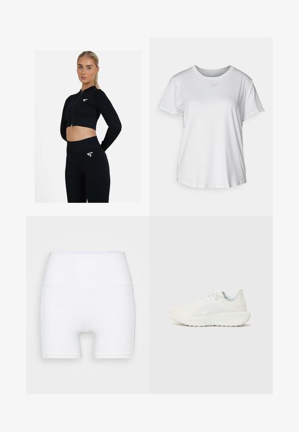 Conjunto de ropa activa de rayas negras que incluye una parte superior corta con cremallera y mallas de tiro alto, ambos con acentos de logotipo en blanco. Textura suave.; Camiseta blanca de manga corta hecha de tejido suave, con un escote redondo y un pequeño logo de Nike gris en el pecho.; Shorts blancos de talle alto confeccionados en tejido elástico. Presentan una textura suave y un diseño ajustado, sin patrones ni herrajes adicionales.; Zapatillas deportivas blancas con un upper texturizado, cuello acolchado y cierre de cordones. Presentan una suela curva y un sutil logotipo en el lateral.