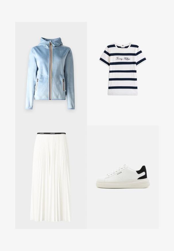 K-Way DOUBLE - Felpa con zip - blue a; T-shirt in cotone con righe orizzontali blu navy su sfondo bianco. "Tommy Hilfiger" ricamato in corsivo sul petto. Collo a giro.; Gonna bianca plissettata con elastico nero in vita che presenta il logo "LACOSTE". Design di lunghezza media con texture morbida.; Sneaker bianchi in pelle con suola spessa bianca, accento in suede nero sul tallone e logo impresso sul lato. Design con lacci e sei fori per i lacci.