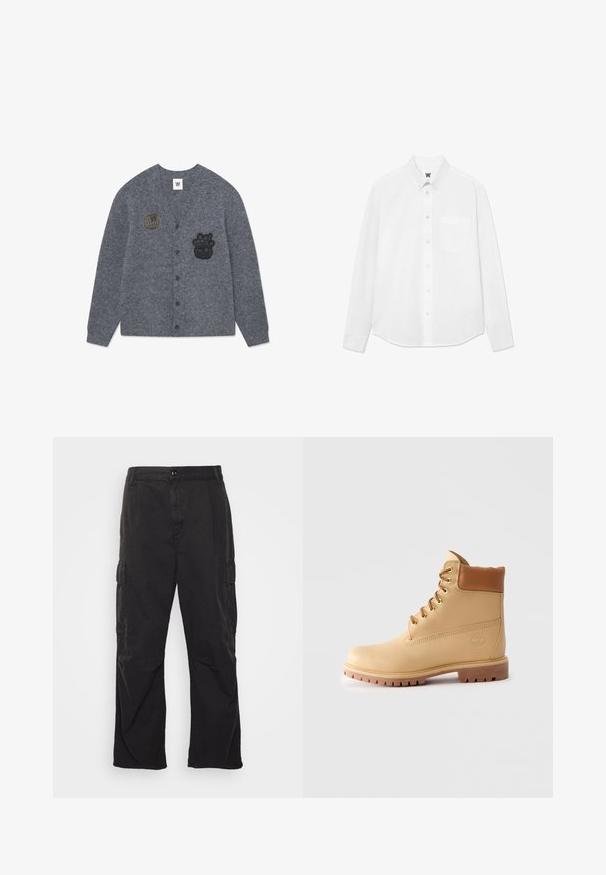 Cardigan gri dintr-un material moale, cu broderii negre: un glob și un personaj, având o închidere cu nasturi.; Cămașă albă cu mânecă lungă, cu guler, buzunar frontal și textură subtilă. Placa frontală are nasturi și un detaliu mic cu logo.; Pantaloni cargo negri, cu un design drept, având două buzunare laterale, închidere cu buton și un material texturat.; Botine din piele maro deschis, cu guler căptușit, ochiuri aurii, șireți bej și talpă groasă cu profil, pe un fundal simplu deschis.