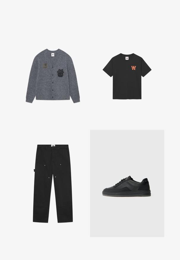 Grijze cardigan van zachte stof, met zwarte geborduurde patches: een wereldbol en een karakter, met een knoopsluiting aan de voorkant.; Zwarte katoenen T-shirt met korte mouwen, een ronde hals en een oranje "W" logo op de linkerborst. Zachte, gladde textuur.; Zwarte katoenen broeken hebben een recht gesneden pasvorm, opvallende stiksels, zijzakken en metalen drukknoopdetails op de voorpanelen.; Zwarte sneaker met een glad leren bovenwerk, gestructureerde accenten, platte veters en een rubberen zool met een zigzagprofiel.