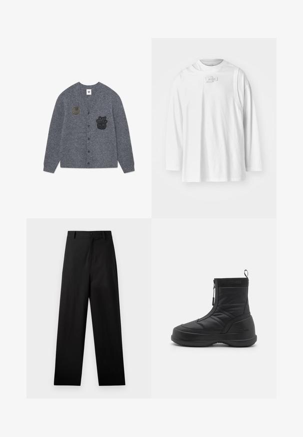 Gray cardigan made of soft fabric, featuring black embroidered patches: a globe and a character, with a button-down front.; Feng Chen Wang DECONSTRUCTION UNISEX - Long sleeved top - white; Black trousers made of cotton with a straight-leg design, featuring a front button closure and side pockets. Smooth texture, no patterns.; Black waterproof snow boot with a smooth synthetic upper, zip closure, padded collar, and textured rubber sole. Accented with "MOON BOOT" branding.
