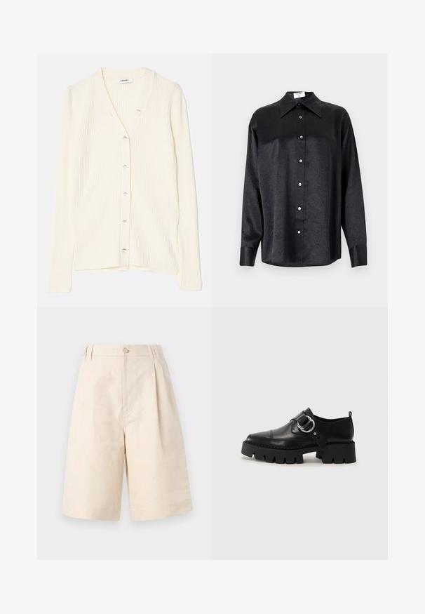 Kremfarget ribbestrikket cardigan med V-hals, frontknapper og lange ermer. Stoffet har en myk tekstur og en tettsittende form.; Svart langermet skjorte med krage, som har en rynket tekstur, fullt knappet front og mansjetter. Laget av et glatt stoff.; Beige linshorts med avslappet passform, med knappeåpning, plissédesign og kne-lengde. Glatt tekstur og enkel stil.; Sorte læringssko med en kraftig ribbet såle, som har en sirkulær sølvfarget detalj og minimal sømdekorasjon.