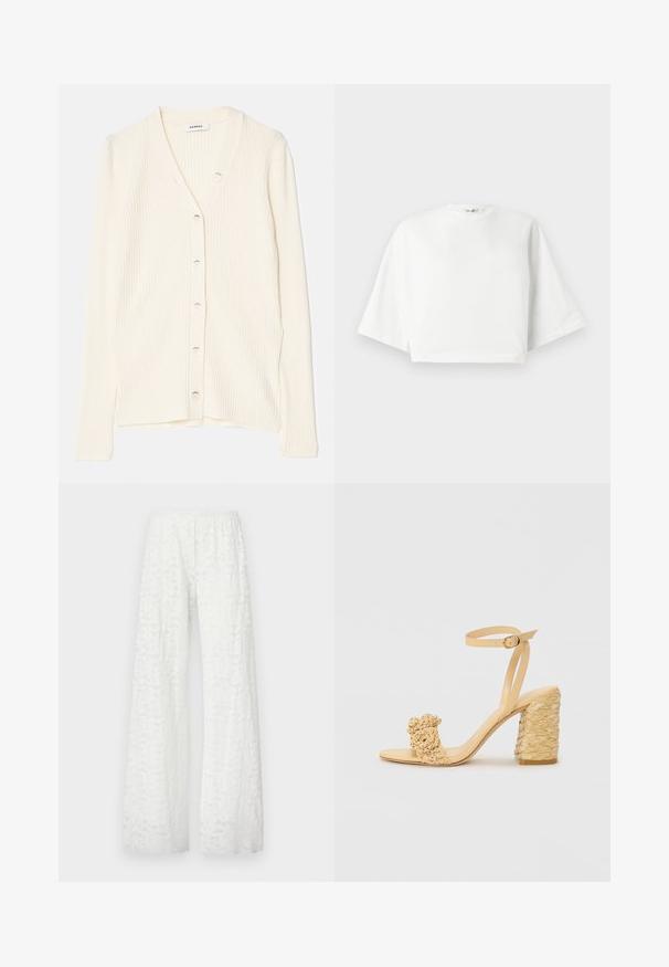 Cardigan a coste crema con scollatura a V, bottoni frontali e maniche lunghe. Il tessuto ha una texture morbida e una silhouette aderente.; T-shirt bianco cropped con vestibilità rilassata, maniche corte e larghe, scollatura rotonda e spacchi laterali, realizzato in morbido cotone.; Pantaloni bianchi a gamba larga con un elastico in vita, che presentano un motivo in pizzo floreale testurizzato su tutto il tessuto.; Sandalo beige con tacco alto e texture intrecciata, dotato di un fiore decorativo e di una cinghia alla caviglia. Il tacco quadrato offre stabilità.
