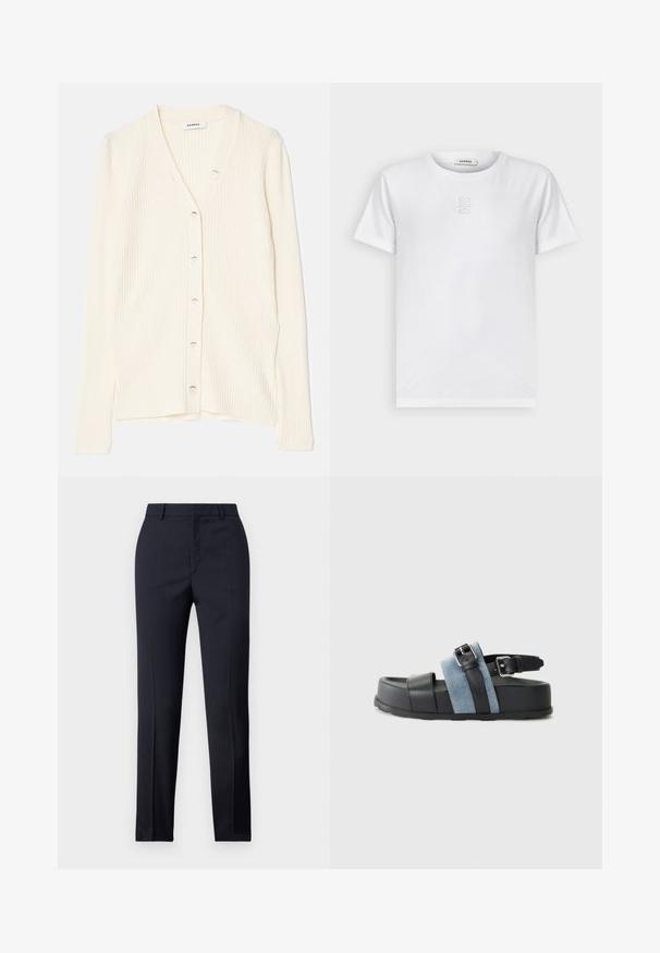 Kreemi ribaga kardigan V-kaelusega, eesnööbid ja pikad varrukad. Kangas on pehme tekstuuriga ja keha vormiv.; sandro Lihtne T-särk - blanc; Tumed kohandatud püksid sirge lõikega, millel on sile tekstuur, kaks esist taskut ja puhas vöökoht.; Mustmust ja sinine sandaal paksu tallaga, nahast ja denimimaterjalist, reguleeritava pandlaga ja avatud varvusega disain.